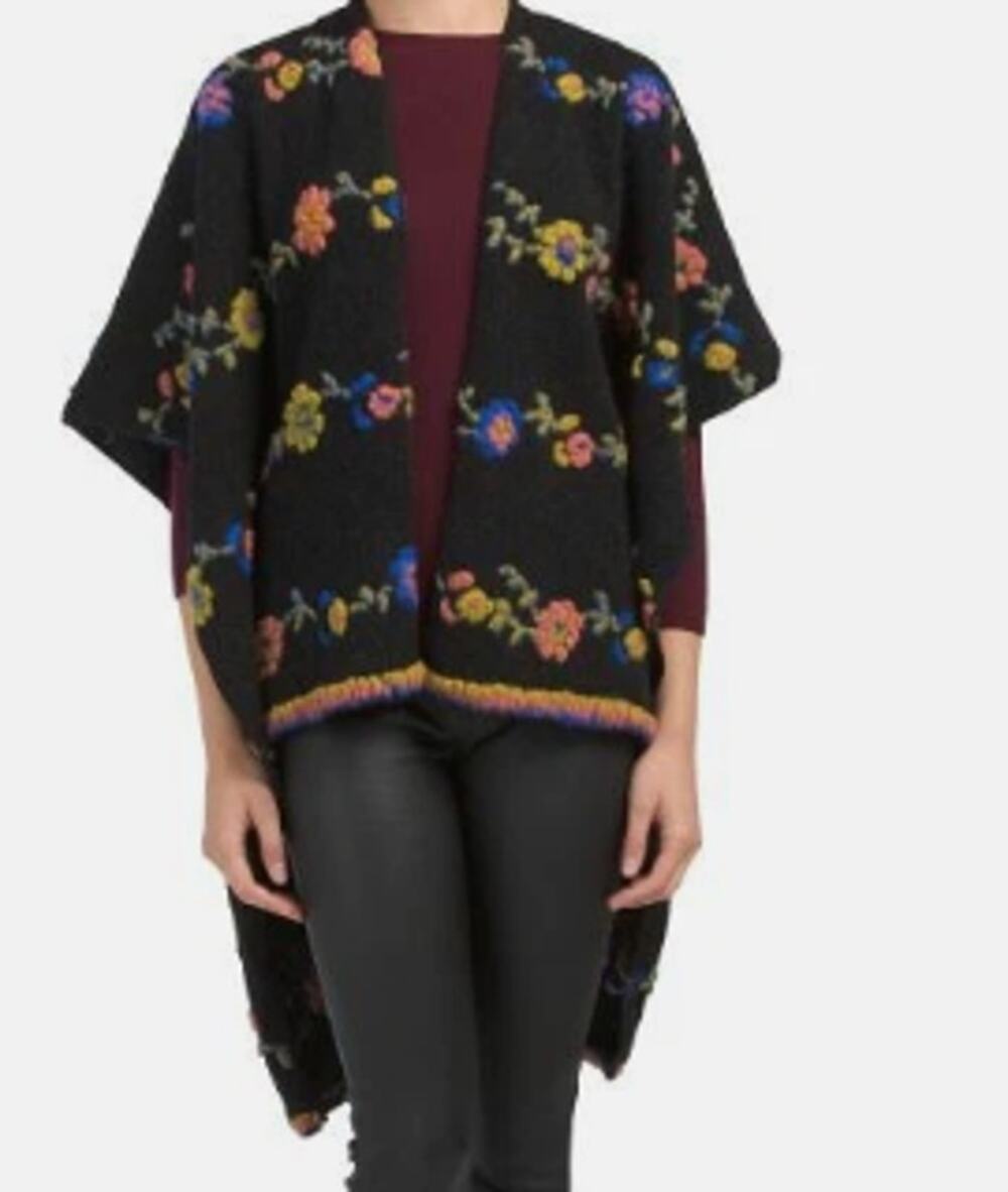 Iperico Black Wool Blend with Floral Pattern Ruana One Size